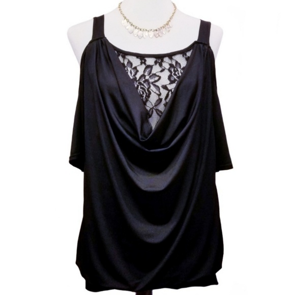 Cold Shoulder Blouse Draped Lace V Neck - Picture 4 of 8